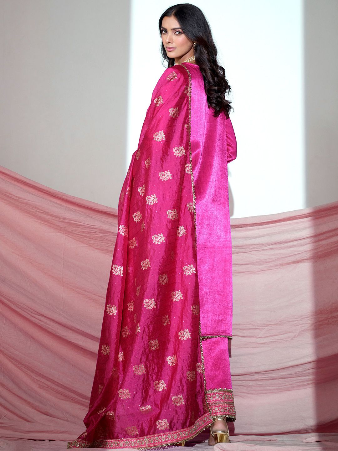 Dhiyona SN Floral Yoke Design V-Neck Sequinned Satin Kurta With Palazzos & Dupatta
