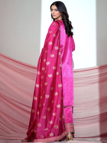 Dhiyona SN Floral Yoke Design V-Neck Sequinned Satin Kurta With Palazzos & Dupatta