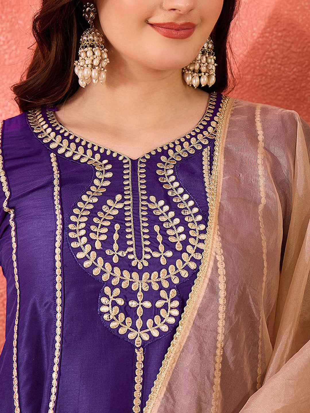 Floral Embroidered Panelled Gotta Patti A-Line Kurta With Trouser & Dupatta