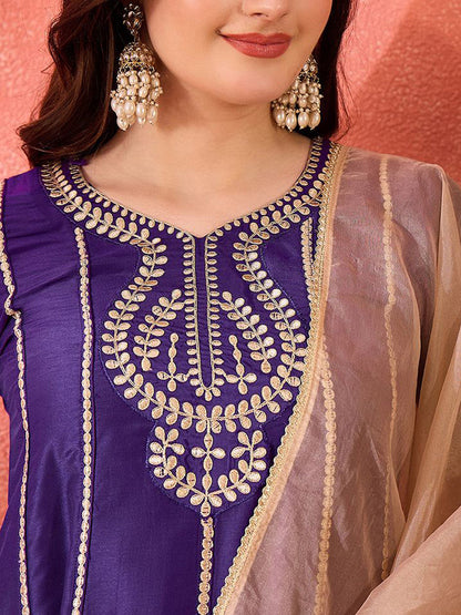 Floral Embroidered Panelled Gotta Patti A-Line Kurta With Trouser & Dupatta