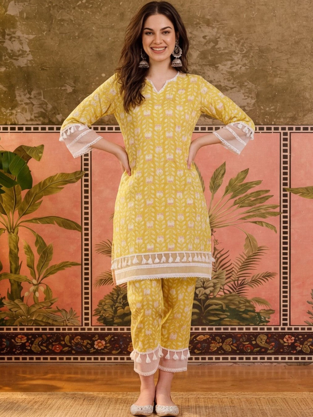 Printed Cotton Blend Round Neck Kurta & Trousers