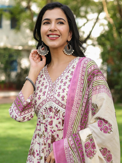 Dhiyona RR Women's Ethnic Motifs Printed Pure Cotton Kurta with Trousers & Dupatta