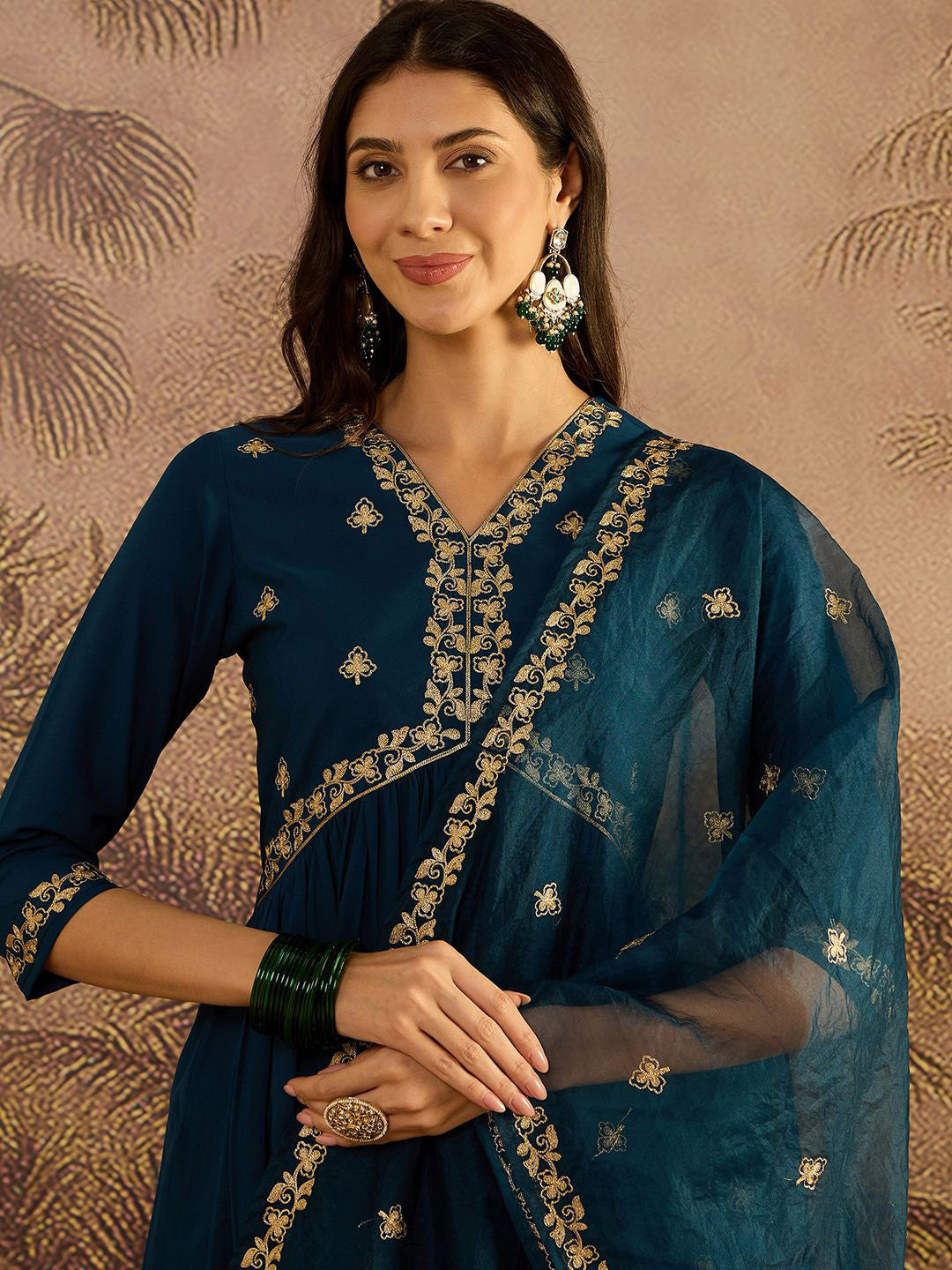 Floral Embroidered Sequinned Thread Work Kurta With Trousers & Dupatta