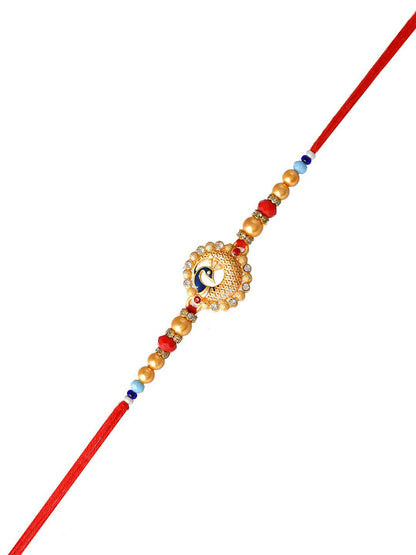 Dhiyona Gold Toned Beaded Peacock Patterned Rakhi With Roli Chawal & Greeting Card