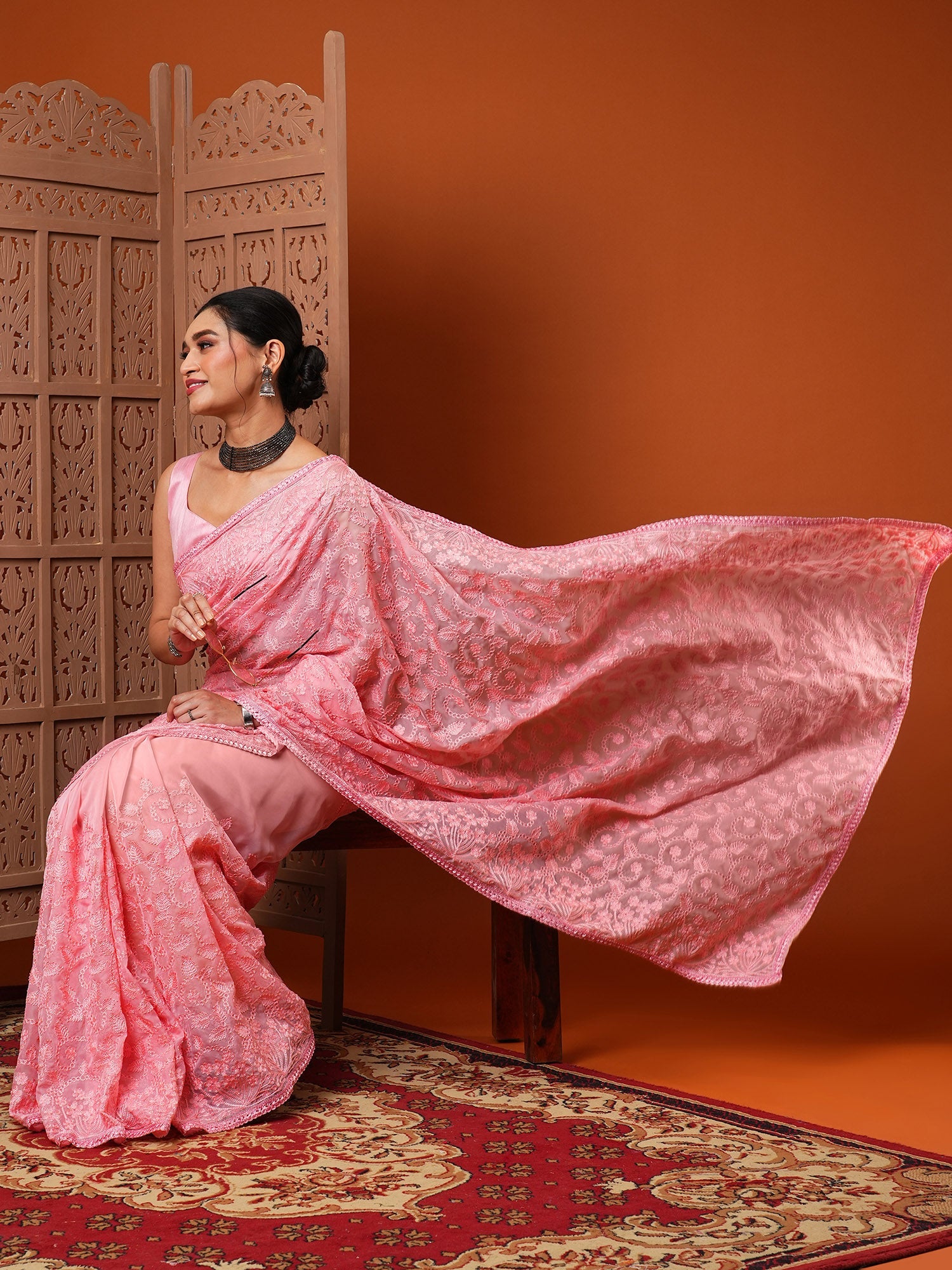 Women's Organza Pink Embroidered Designer Saree With Blouse Piece
