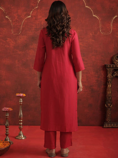 Floral Yoke Design Round Neck Thread Work Straight Kurta With Trousers & Dupatta