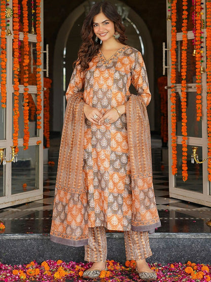 Dhiyona KL Ethnic Motifs Printed V-Neck Straight Kurta With Trousers & Dupatta