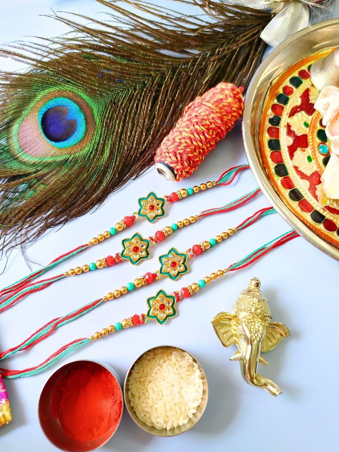 Dhiyona Pack of 4 Meenakari Kundan Traditional Rakhi