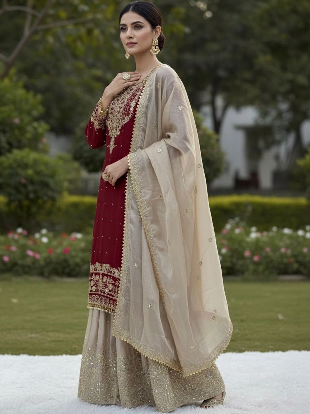 Dhiyona KL Women Ethnic Motifs Embroidered Regular Thread Work Kurta with Sharara & With Dupatta