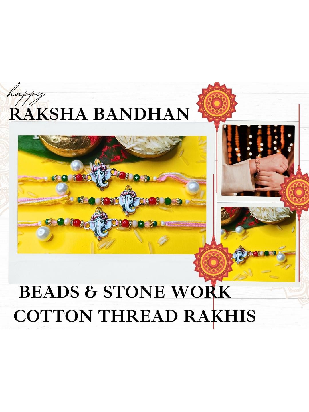 Dhiyona Set Of 3 Beaded Cotton Thread with AD Stones & Meenakari Designer Rakhi for Brother