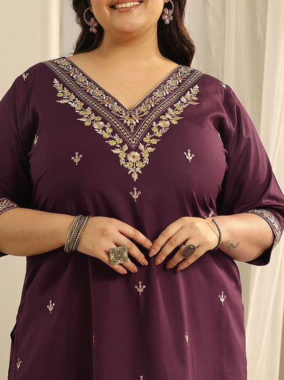 Dhiyona Women's Plus Size Ethnic Motifs Embroidered Kurta with Salwar & Dupatta