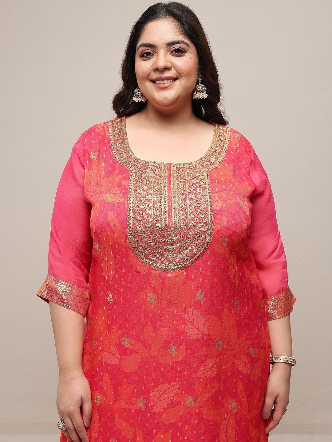 Dhiyona Women's Plus Size Floral Printed Regular Kurta with Palazzos & With Dupatta