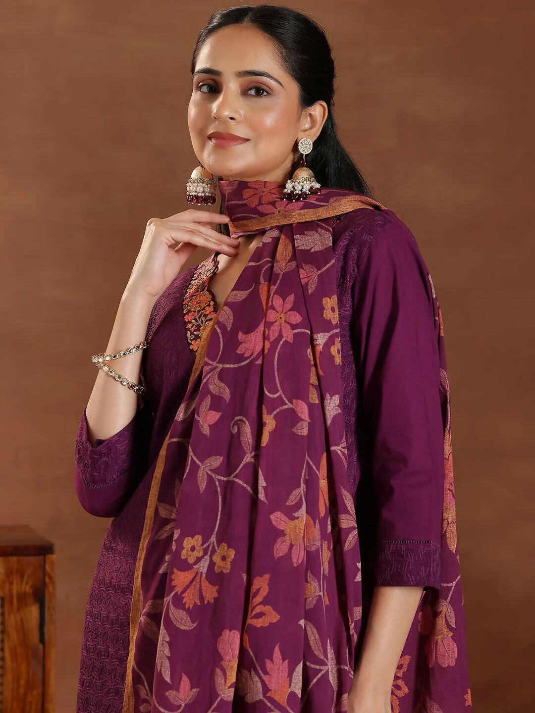 Women's LB Wine Embroidered Cotton Straight Suit With Dupatta