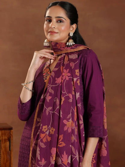 Women's LB Wine Embroidered Cotton Straight Suit With Dupatta