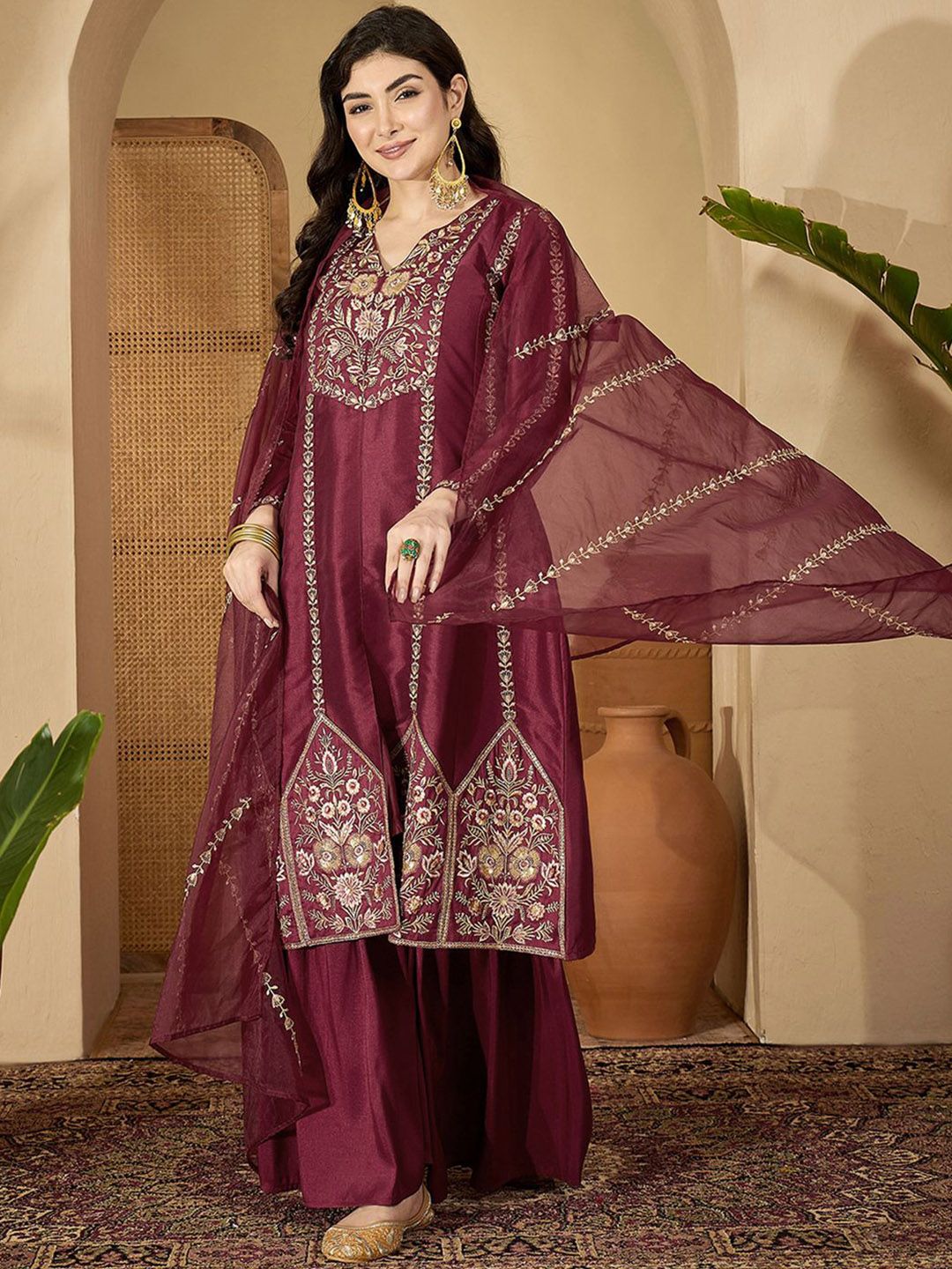 Dhiyona SN Women Ethnic Motifs Embroidered Zari Kurta With Sharara & Dupatta