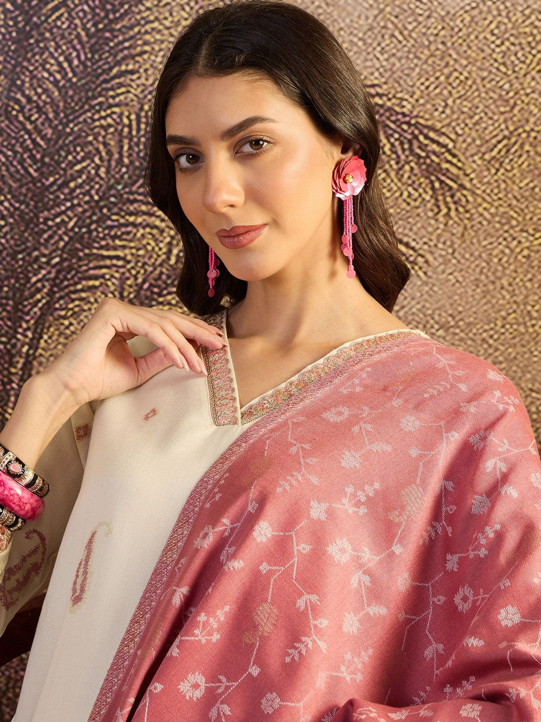 Woven Design V-Neck Straight Kurta With Trousers & Dupatta