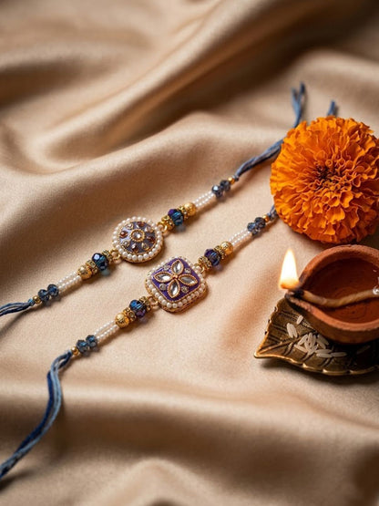 Dhiyona Set Of 2 White Pearls Thread Rakhi With Roli Chawal Chandan Mishri