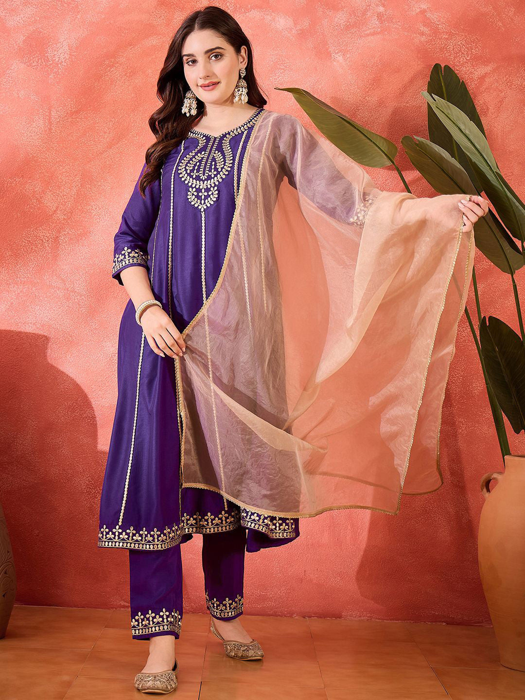 Dhiyona SN Floral Embroidered Panelled Gotta Patti A-Line Kurta With Trouser & Dupatta