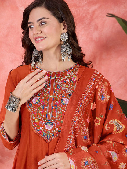 Floral Yoke Design Panelled Thread Work Anarkali Kurta With Trouser & Dupatta