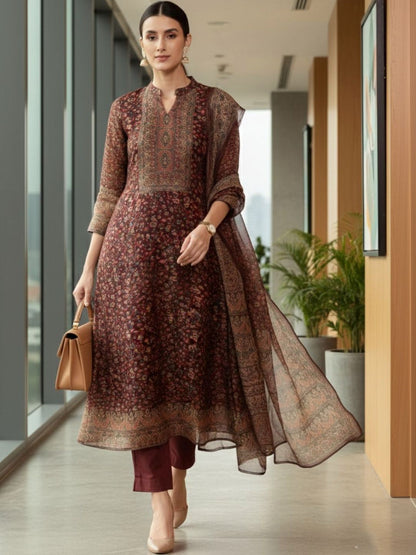 Maroon Women Ethnic Motifs Printed Regular Chanderi Silk Kurta with Trousers & With Dupatta