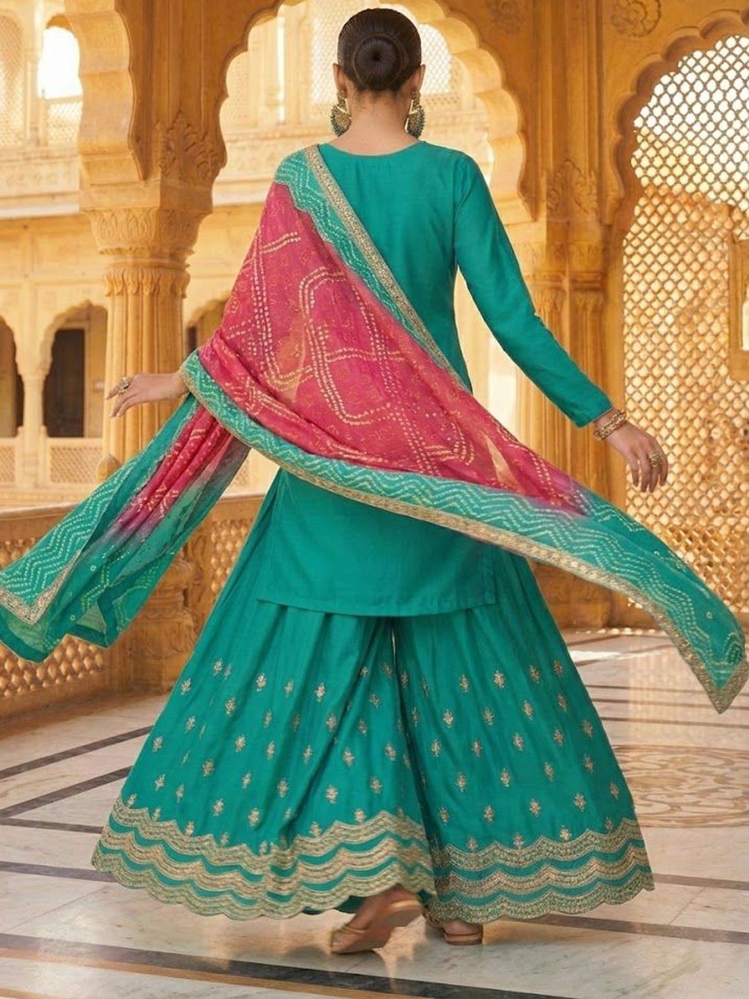 Dhiyona HOP Embroidered Round Neck Kurta & Sharara With Dupatta