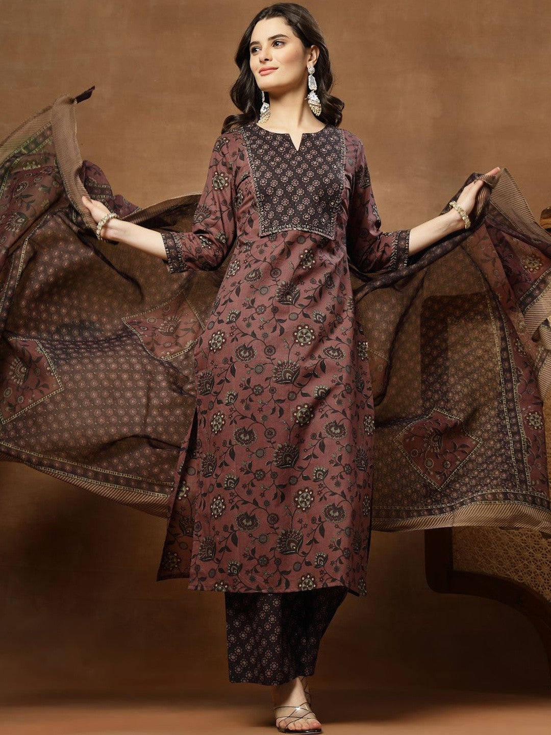 Printed Pure Cotton Round Neck Kurta & Palazzos With Dupatta