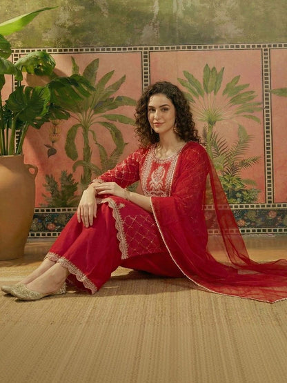 Dhiyona SN Embroidered Round Neck Straight Kurta & Palazzos With Dupatta