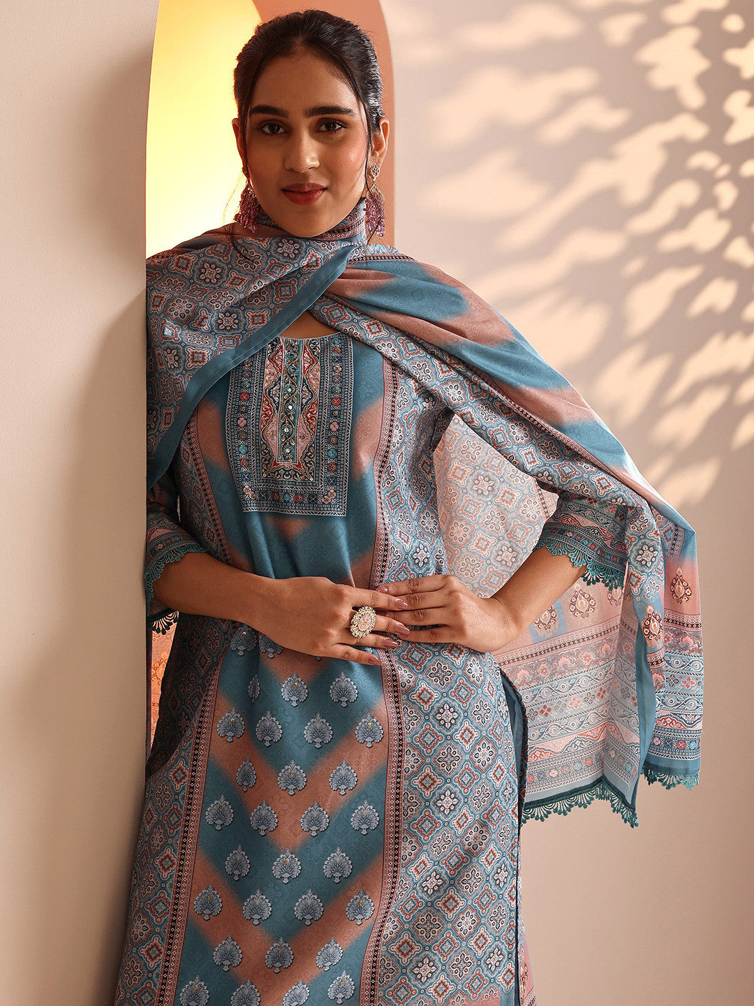 Ethnic Motifs Printed Thread Work Straight Kurta With Trousers & Dupatta