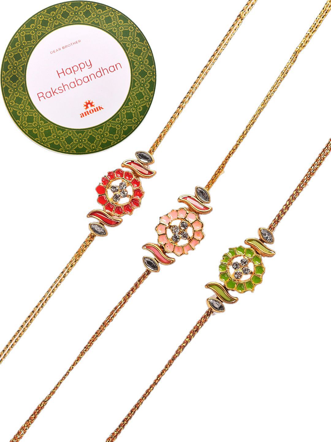 Dhiyona Set Of 3 Red Kundan-Studded & Beaded Rakhi With Roli Rice & Greeting Card