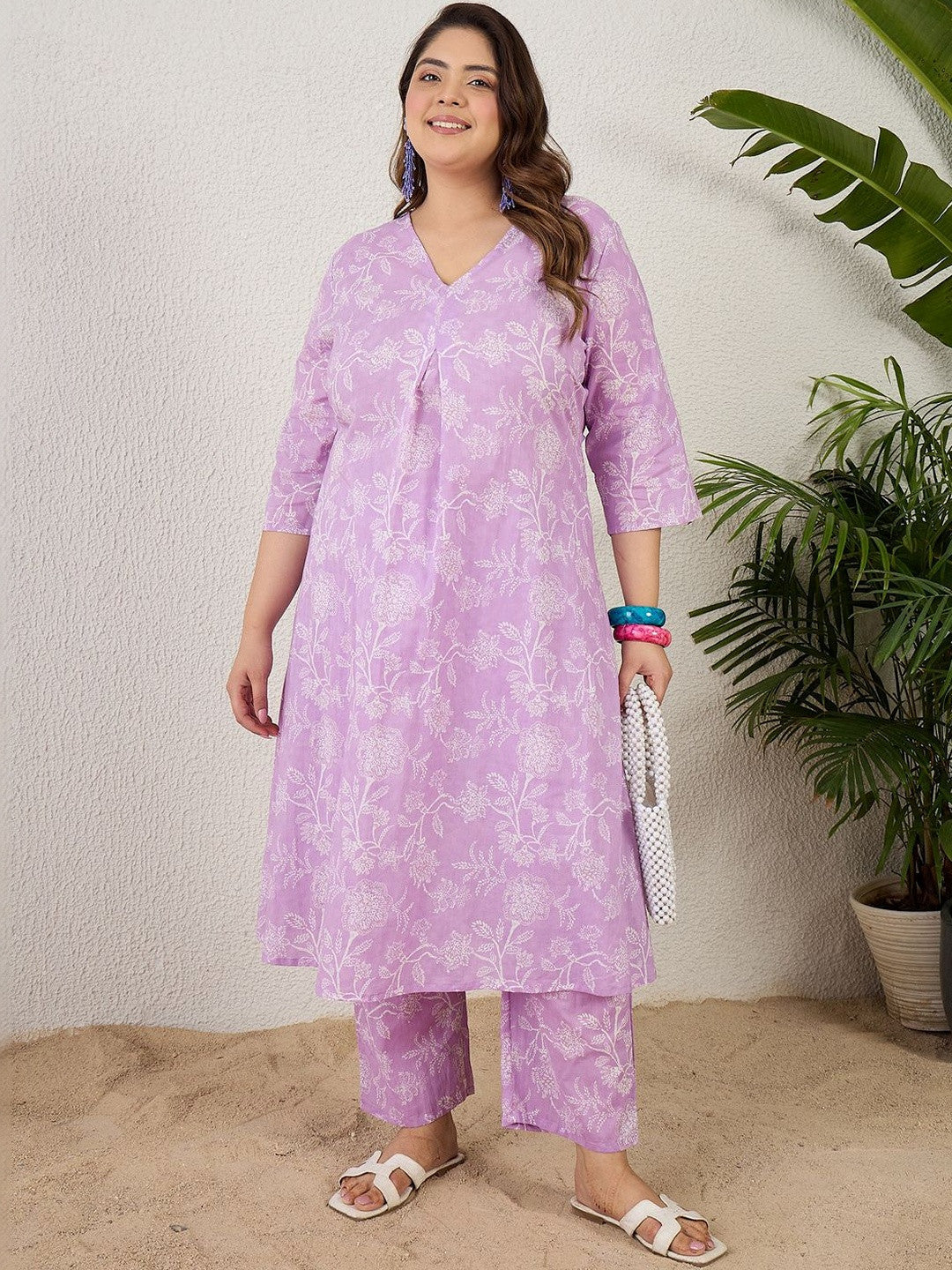 Plus Size Lavender Printed A-Line Kurta Trousers Set