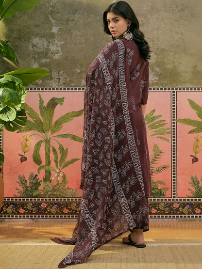 Floral Printed V-Neck Straight Kurta & Trousers With Dupatta