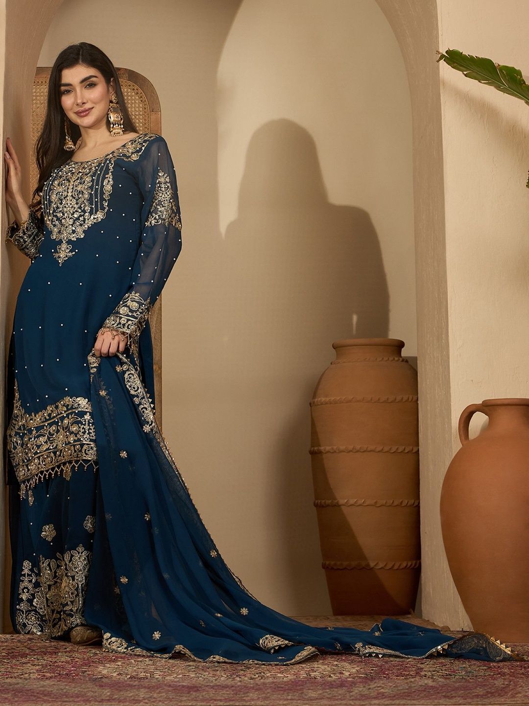 Dhiyona SN Women Ethnic Motifs Embroidered Regular Kurta with Sharara & With Dupatta