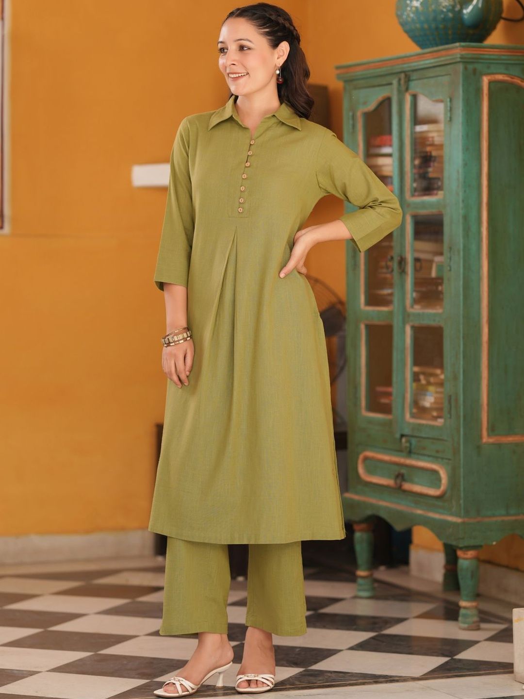 Dhiyona RR Women's Shirt Collar Pure Cotton A-Line Kurta With Trousers