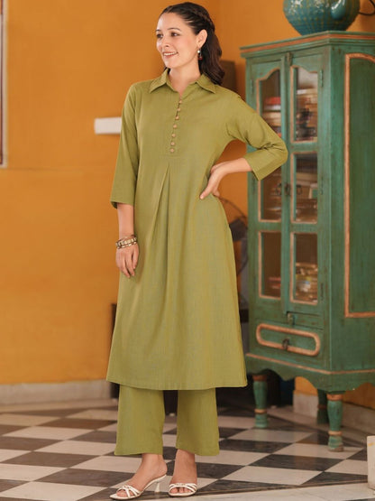 Dhiyona RR Women's Shirt Collar Pure Cotton A-Line Kurta With Trousers