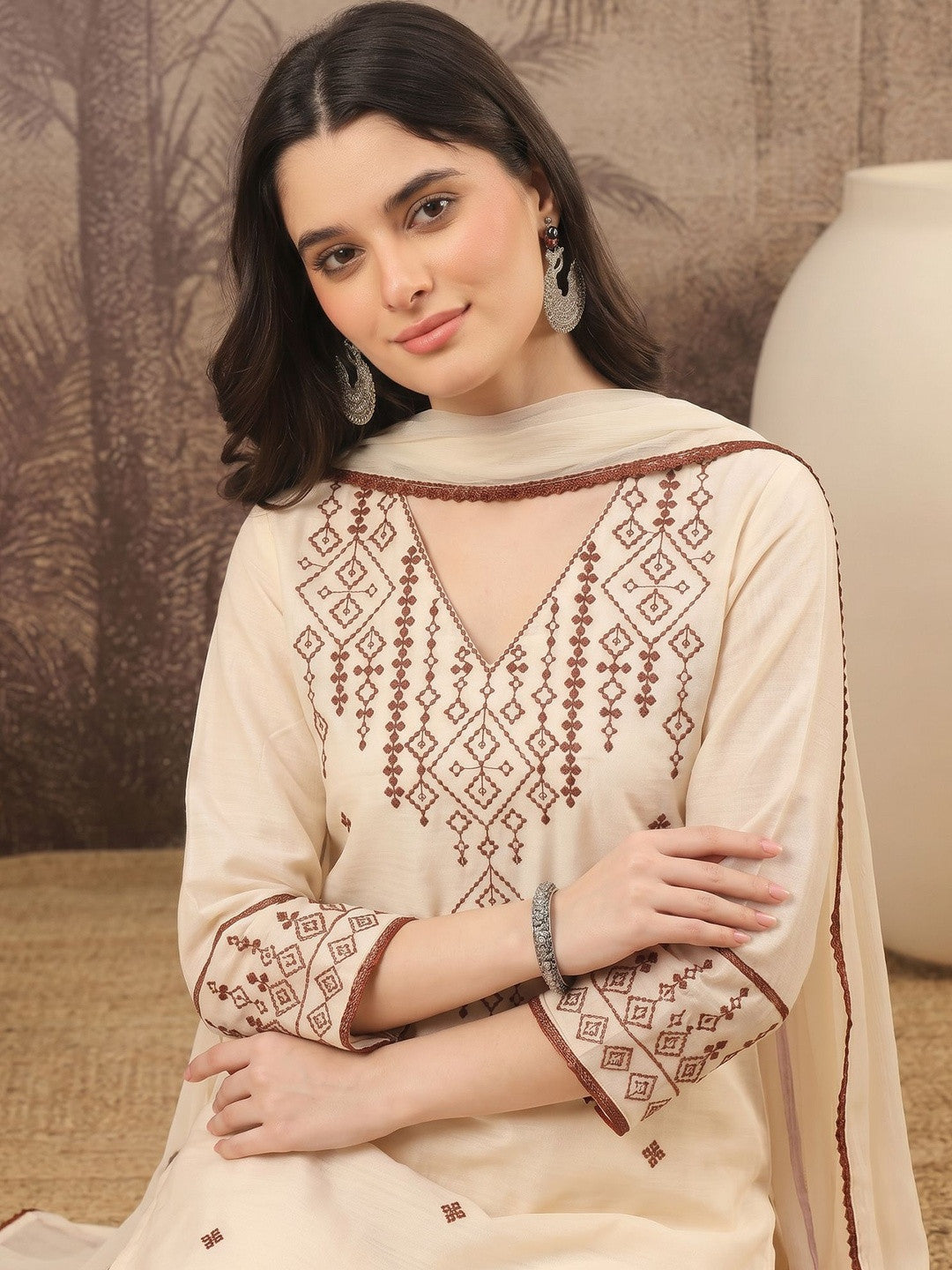 Women Embroidered Regular Pure Cotton Kurta with Trousers & With Dupatta