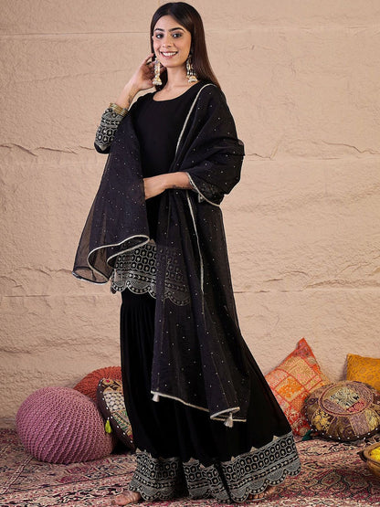 Dhiyona IN Ethnic Motifs Embroidered Straight Sequinned Kurta With Sharara & Dupatta