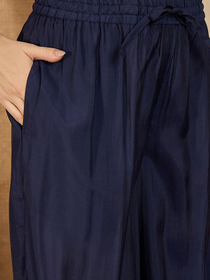 Floral Embroidered Pleated Thread Work Straight Kurta With Palazzos & Dupatta