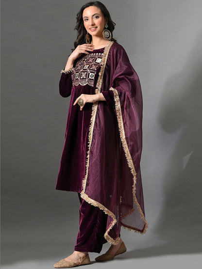Embroidered Velvet Round Neck Kurta & Trousers With Dupatta