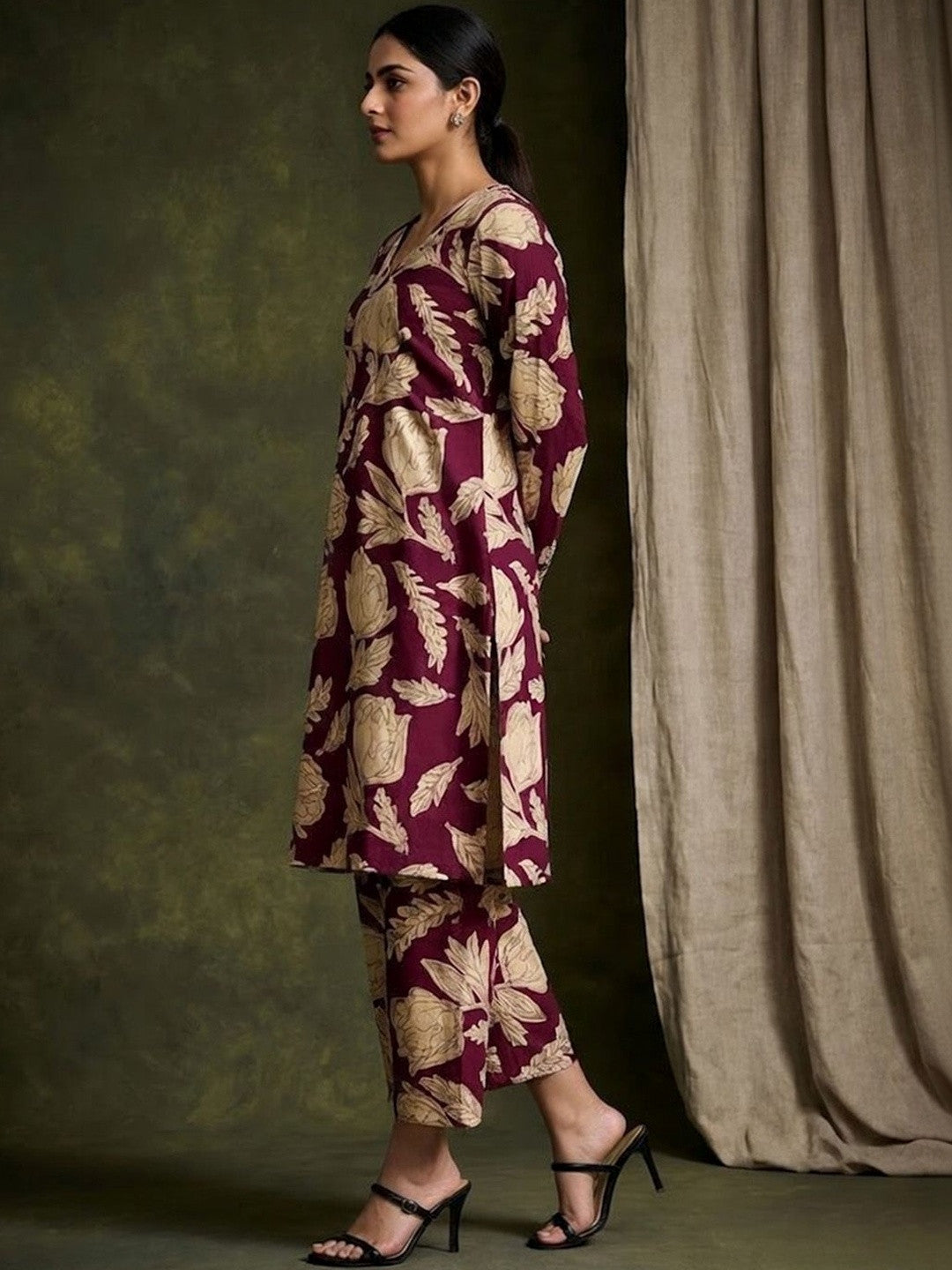 Printed Pure Cotton V-Neck Kurta & Trousers