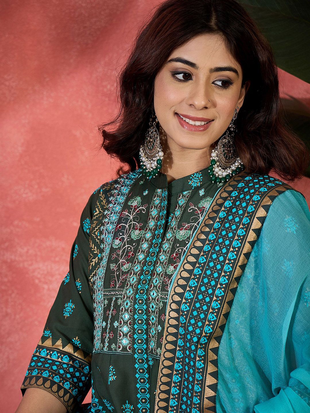Dhiyona SN Embroidered & Block Printed Anarkali Kurta & Palazzo With Dupatta