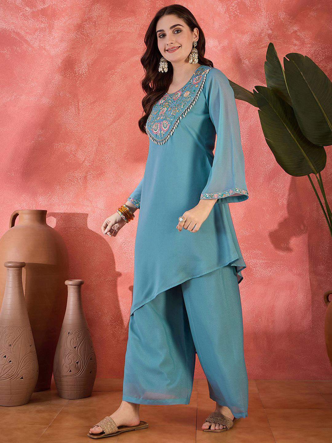 Floral Yoke Design Sequence Asymmetric Kurta & Palazzo Set