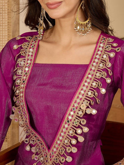 Mirror Work Embroidered Bell Sleeve Straight Kurta & Palazzo