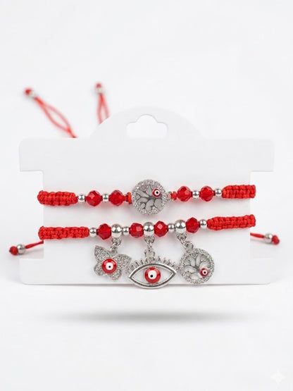 Dhiyona Set Of 2 Red & Silver Evil Eye Design Bhaiya Bhabhi Rakhi With Roli Chawal Chandan