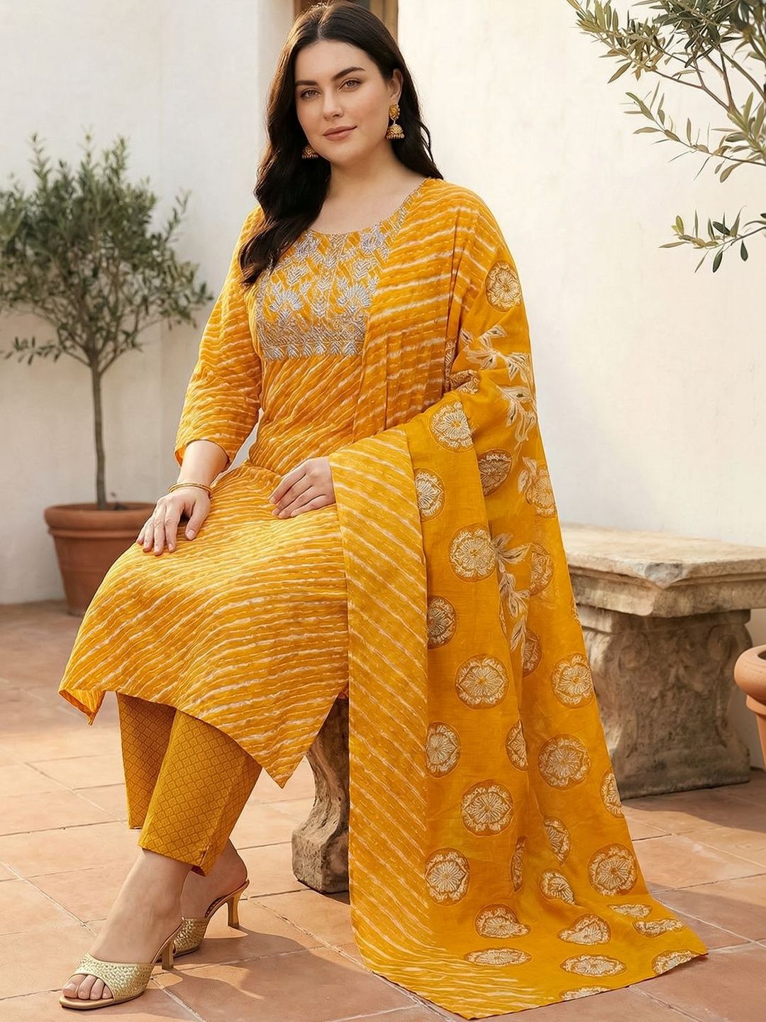 Dhiyona Women's Printed Regular Thread Work Pure Cotton Kurta with Trousers & With Dupatta