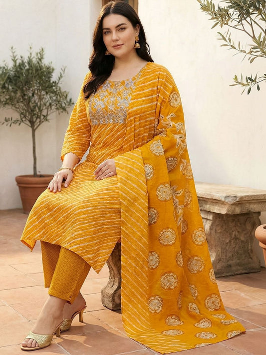Dhiyona Women's Printed Regular Thread Work Pure Cotton Kurta with Trousers & With Dupatta