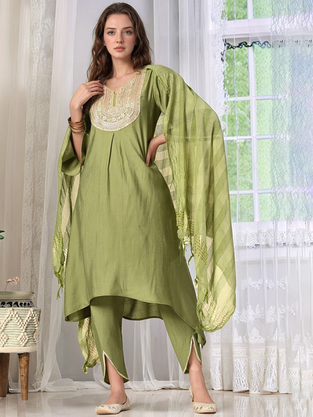 Dhiyona SN Yoke Design V-Neck A-Line Fusion Kurta With Dhoti Pants & Dupatta