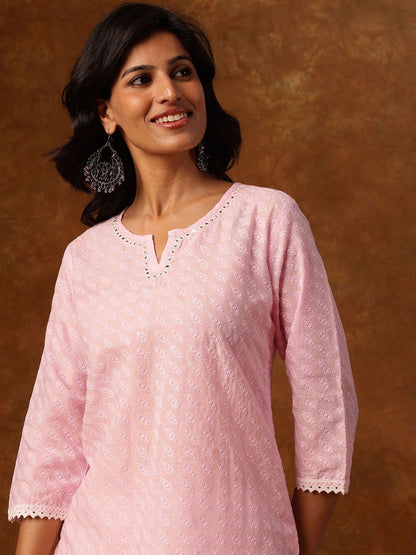 Dhiyona AN Embroidered Thread Work Notch Neck Straight Kurta With Sharara & Dupatta