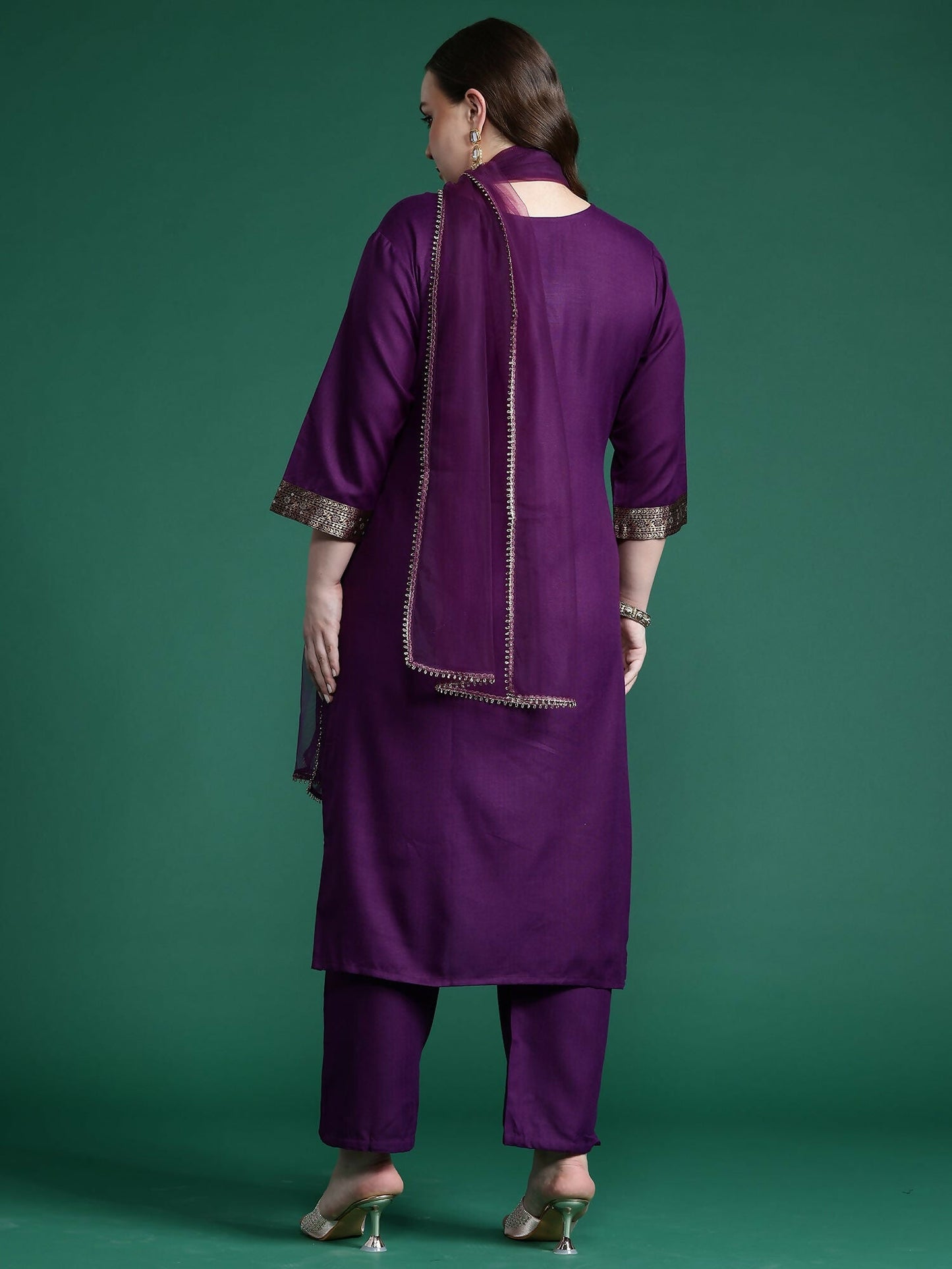 Women's Plus Size Purple Yoke Design Straight Kurta Trousers With Dupatta Set