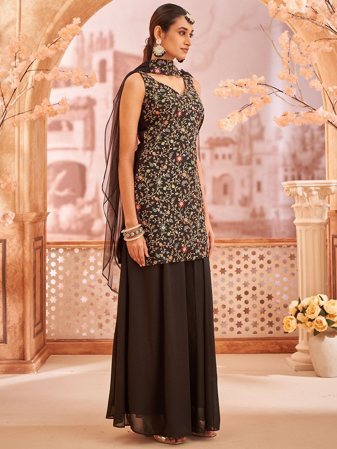 Dhiyona KL Floral Embroidered Sleeveless Georgette Straight Kurti With Sharara & Dupatta