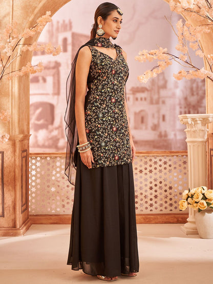 Dhiyona KL Floral Embroidered Sleeveless Georgette Straight Kurti With Sharara & Dupatta